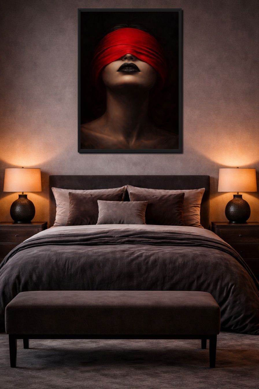 Blindfolded Woman Red Scarf Sensual Digital Print - PaintFu