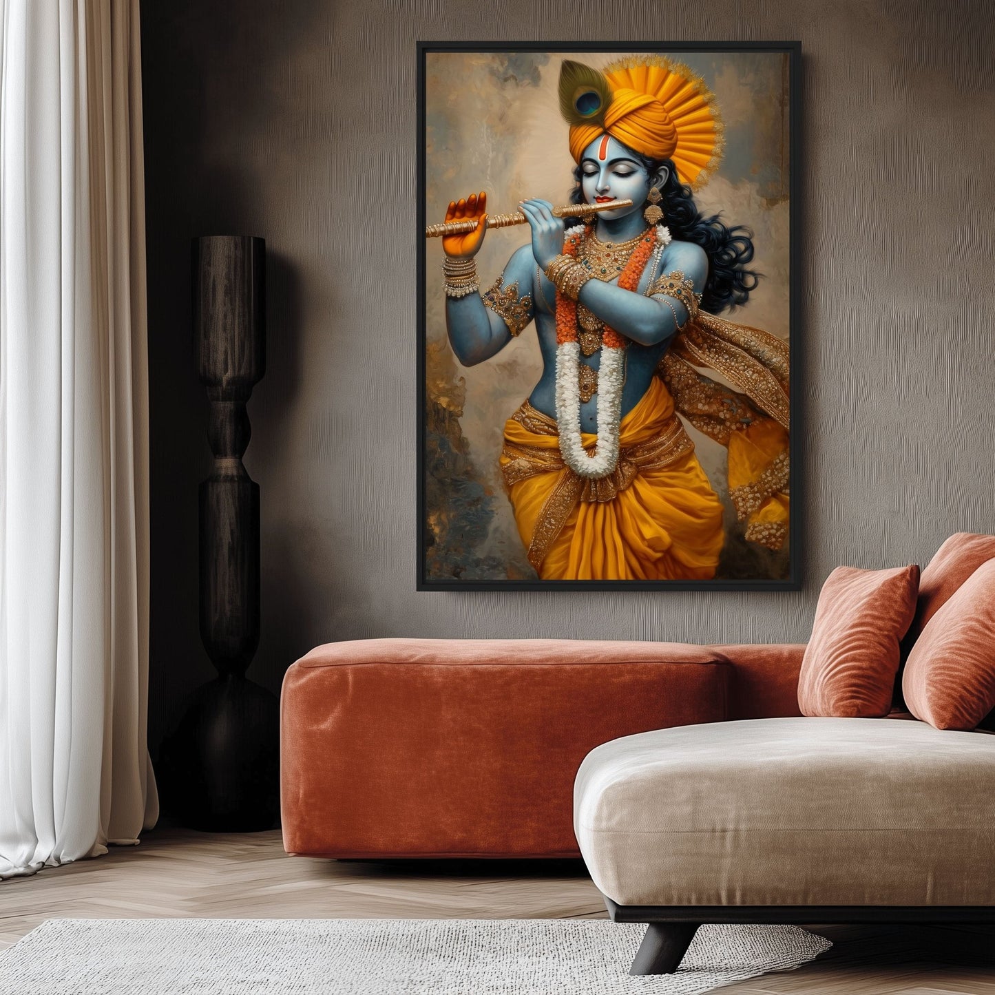 Lord Krishna playing a flute in orange robes above rust and cream seating in a softly lit room