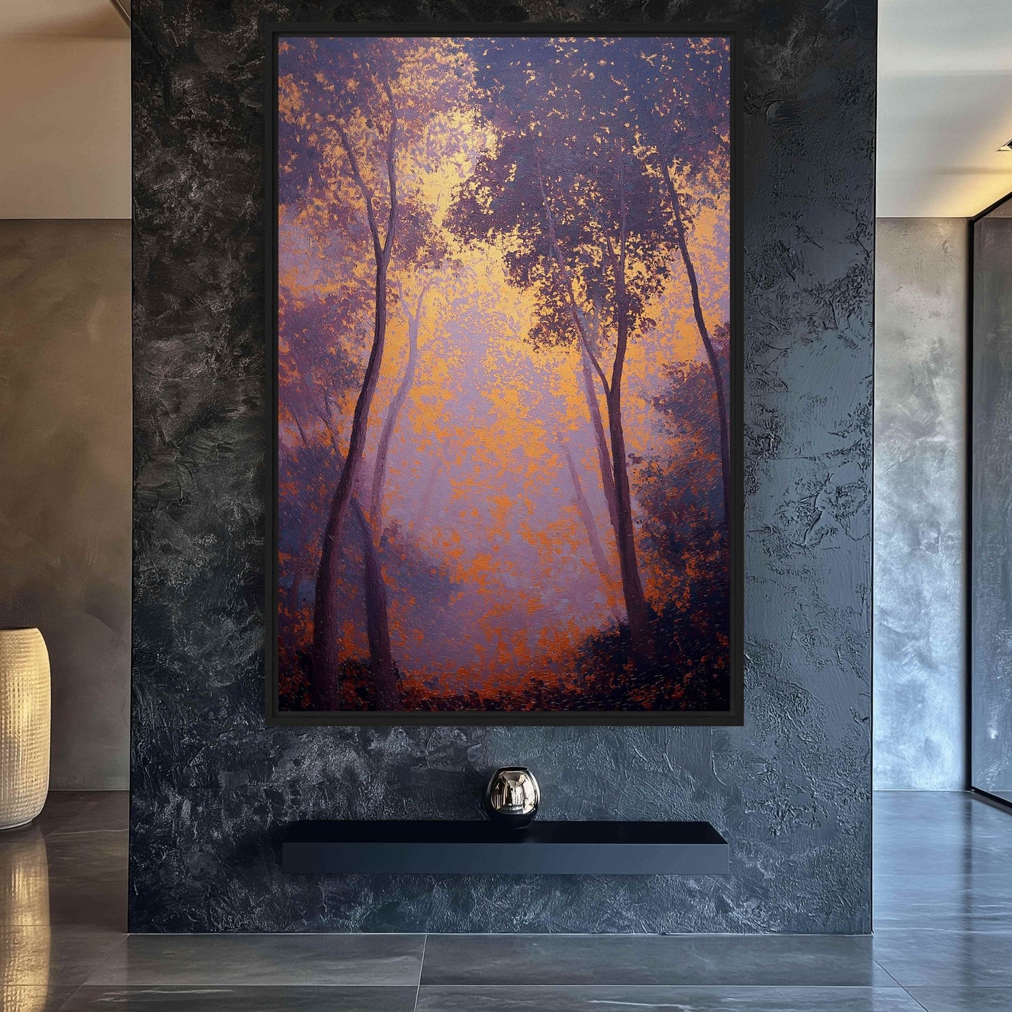 Purple and gold abstract forest artwork on a dark stone wall above a slim black shelf