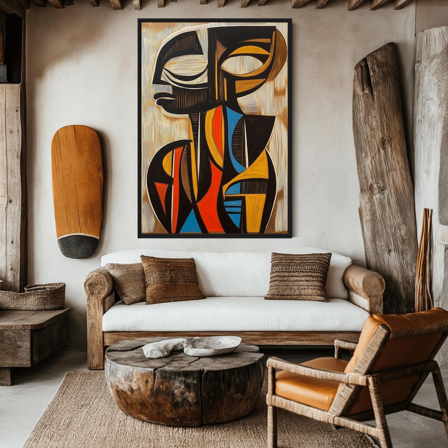 Colorful abstract two-faced figure above a white sofa in a rustic living room with wood furniture