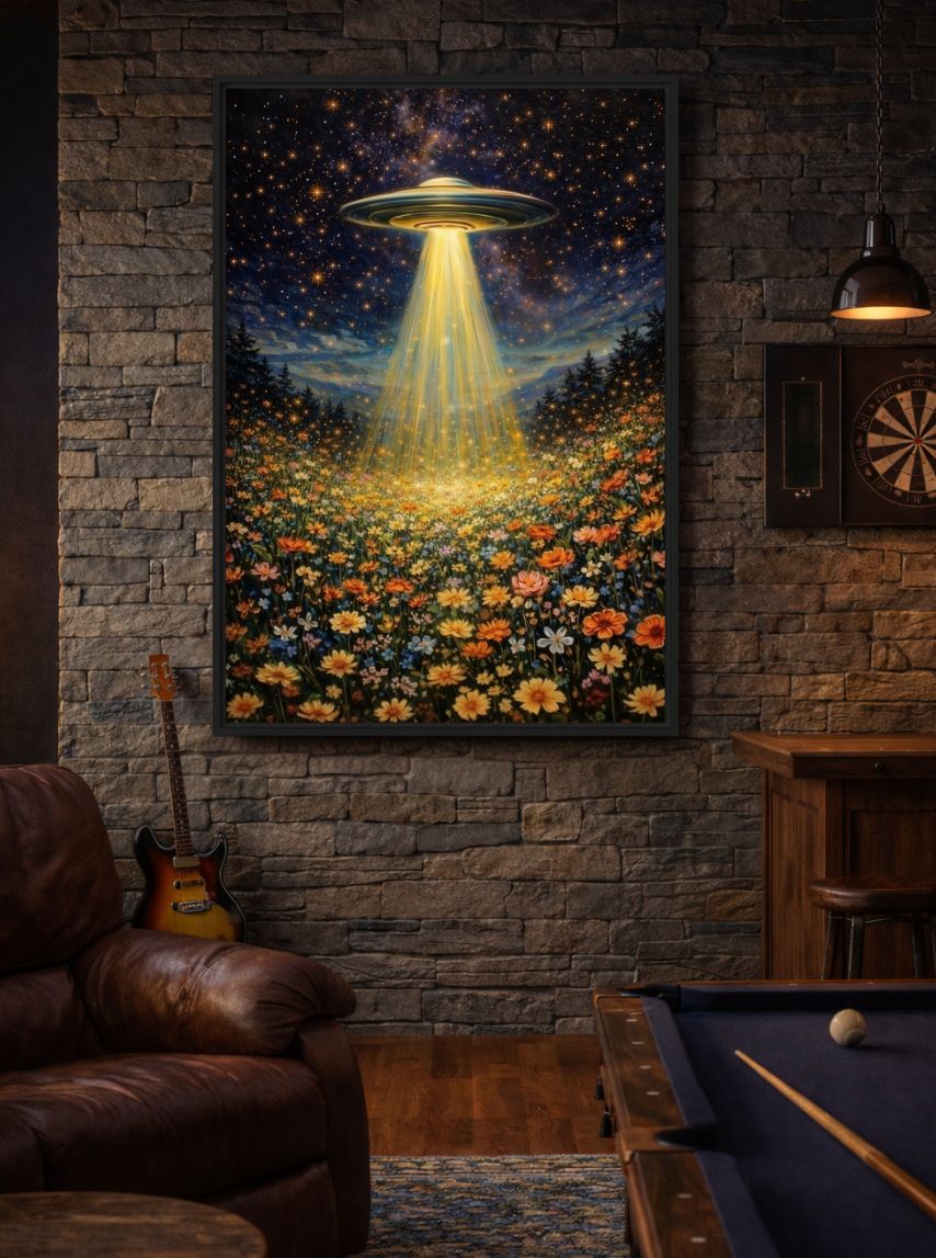 UFO beaming over wildflowers on a stone wall beside a pool table, leather chair and guitar