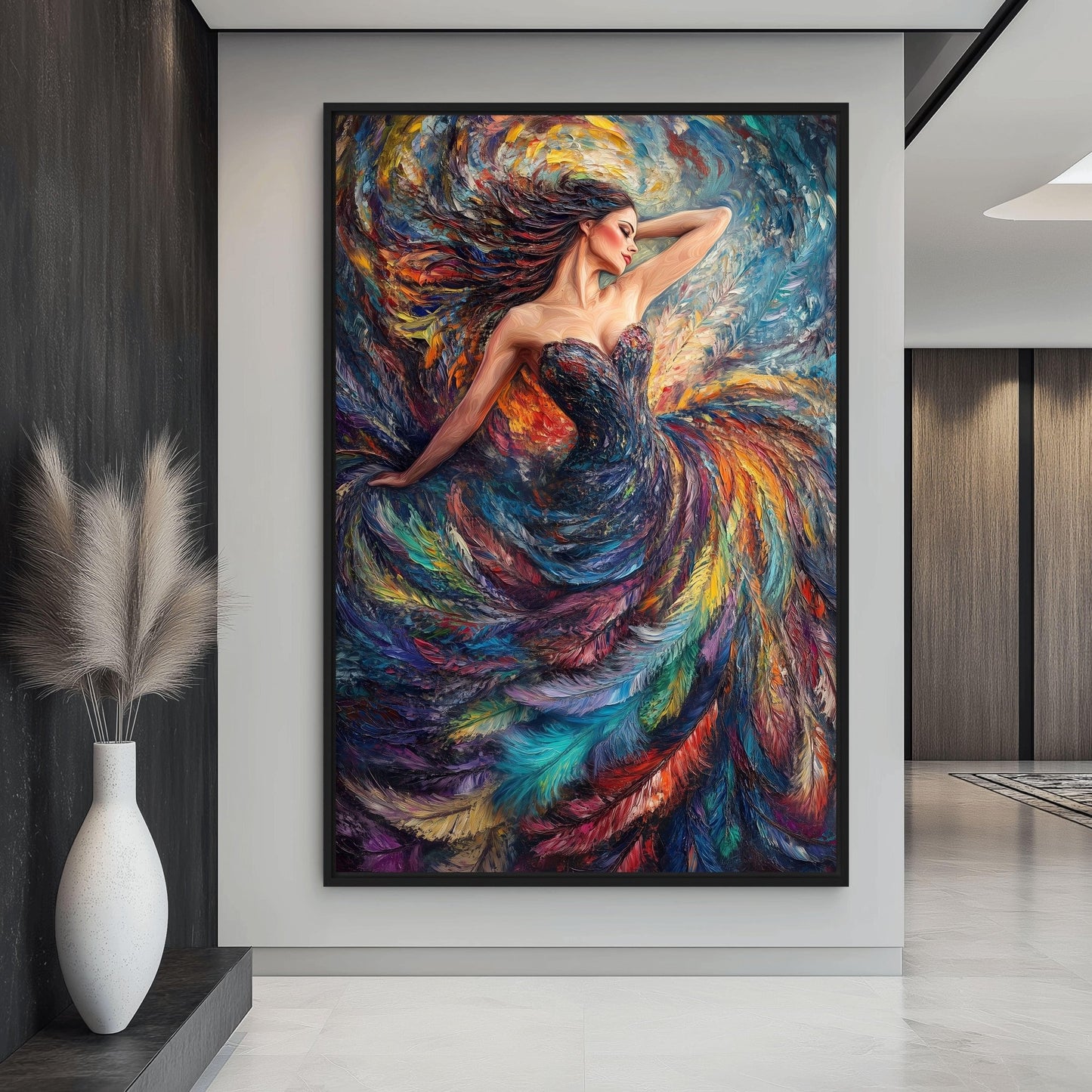 Woman In A Colorful Feather Dress Modern Art Digital Print