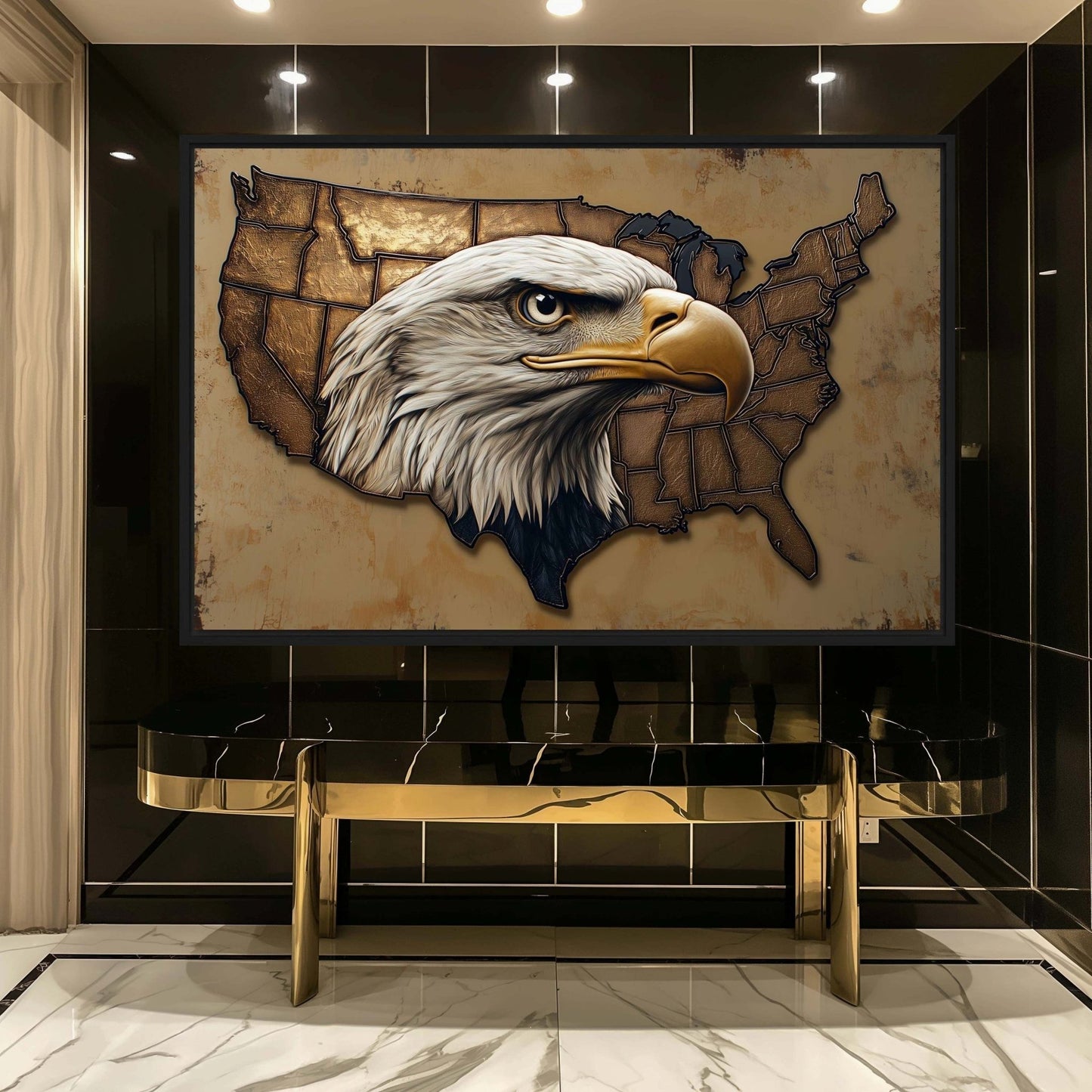 Bald eagle head over a sepia US map above a black and gold console in a glossy dark entryway