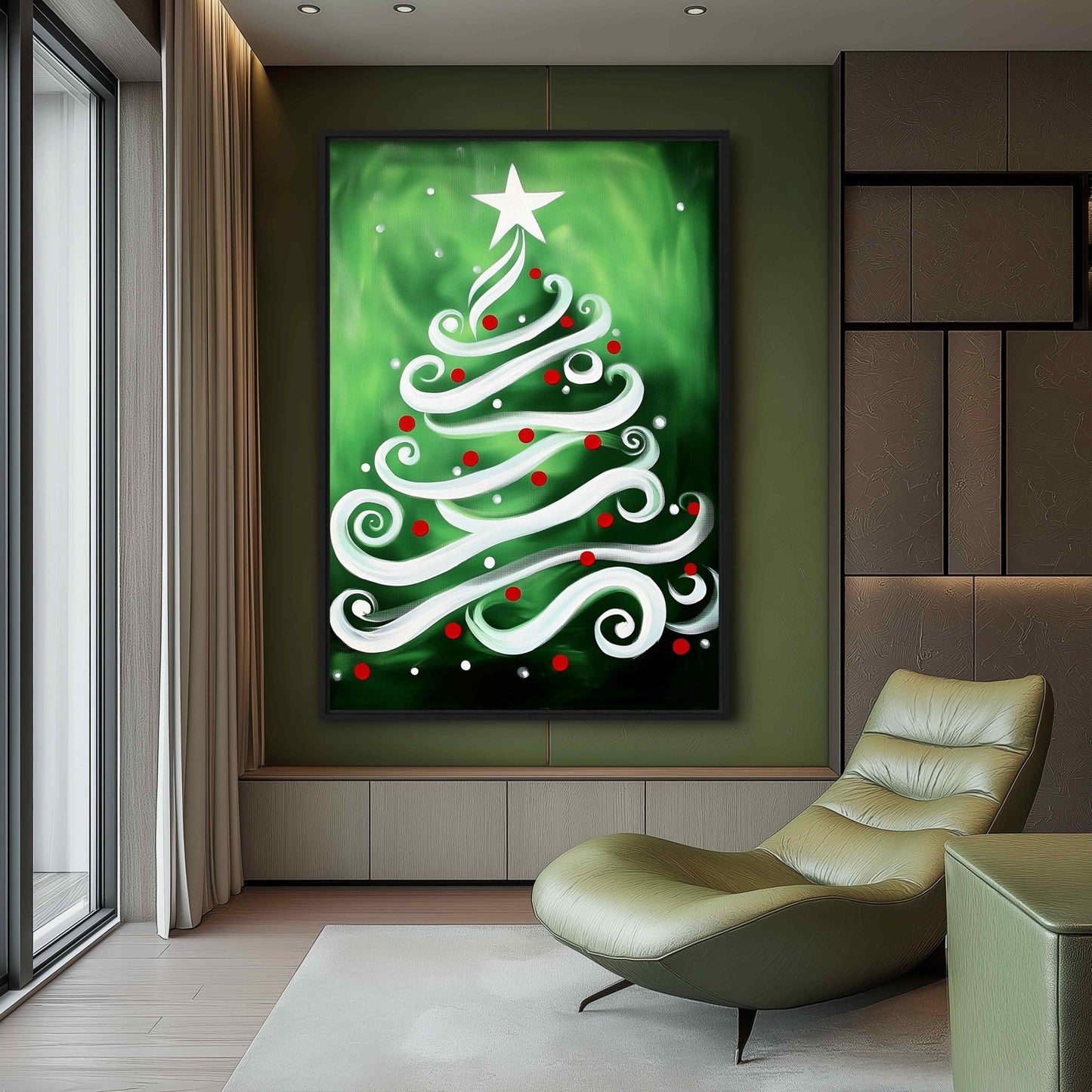 Stylized white ribbon Christmas tree with red ornaments above a pale green chaise in a paneled room
