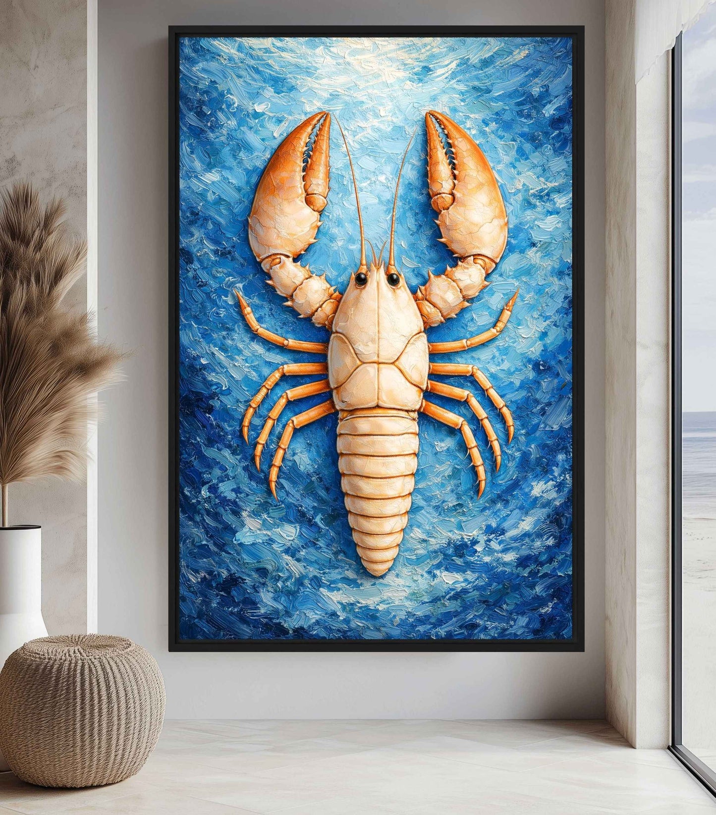 Orange lobster on a textured blue background displayed in a bright window alcove with a vase and dried grass