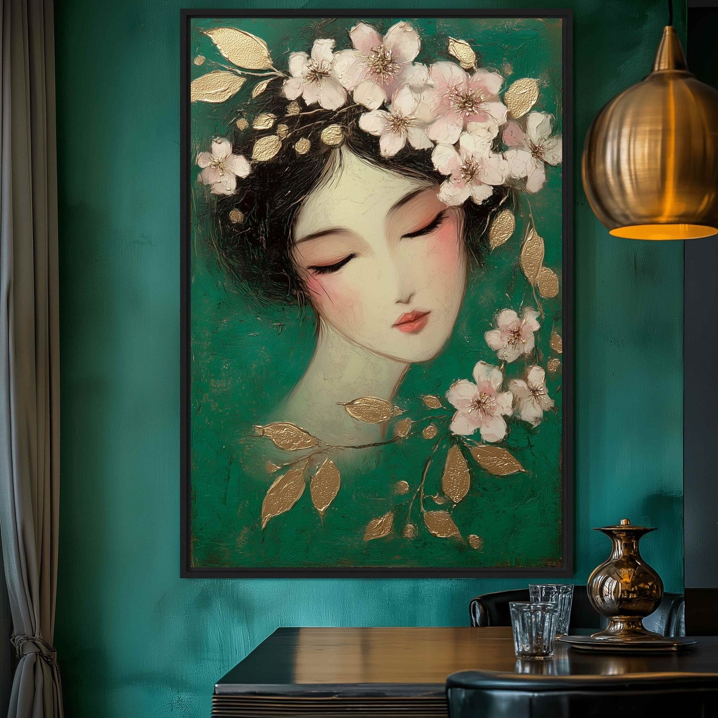 Geisha Floral Portrait Framed Canvas - PaintFu