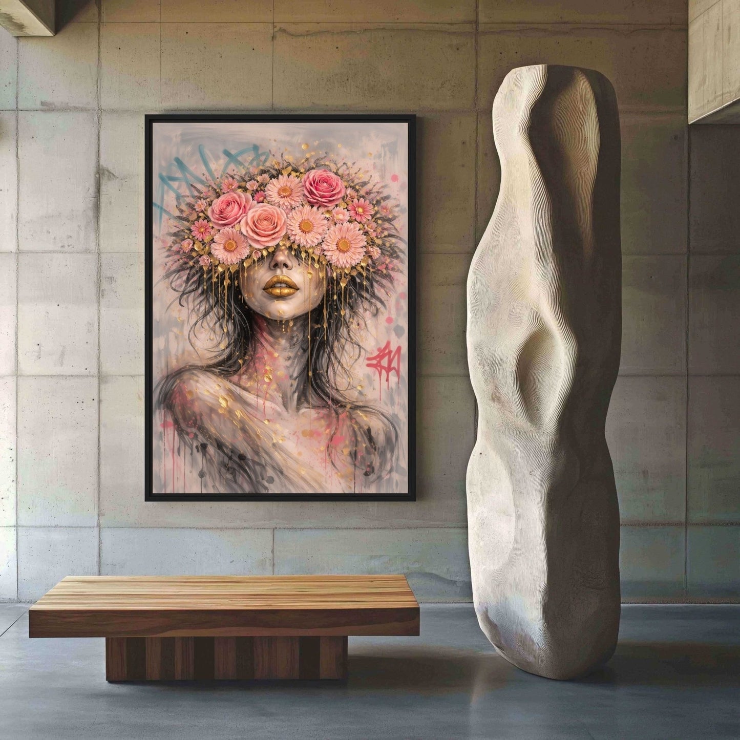 Graffiti Floral Woman Framed Canvas - PaintFu
