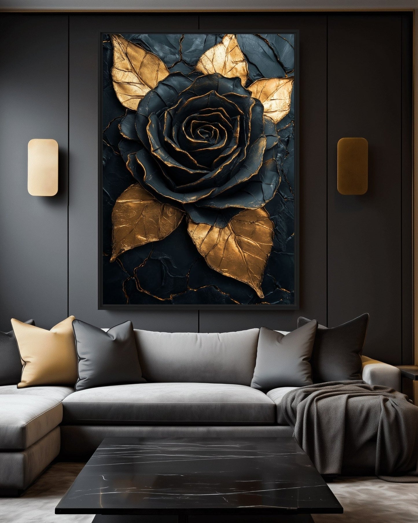 Black & Gold Rose Floral Art Digital Print