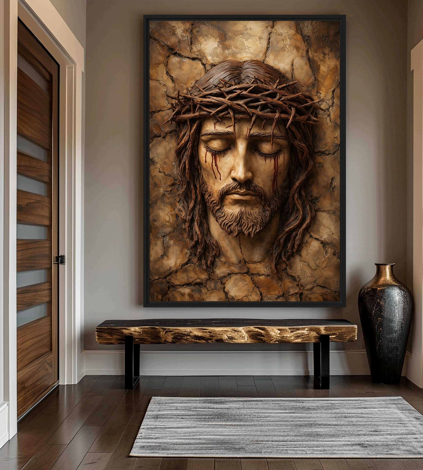 Portrait of Jesus with a crown of thorns above a wooden bench in a neutral hallway