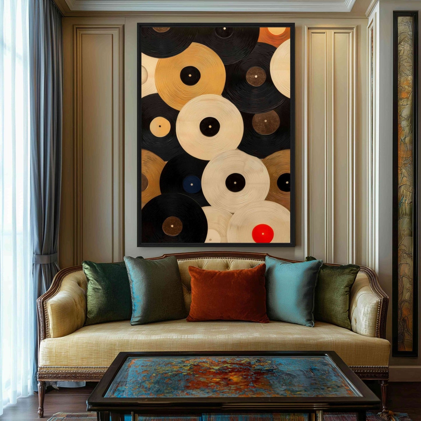 Abstract vinyl record collage in black, cream and gold above a beige sofa with teal, green and rust cushions