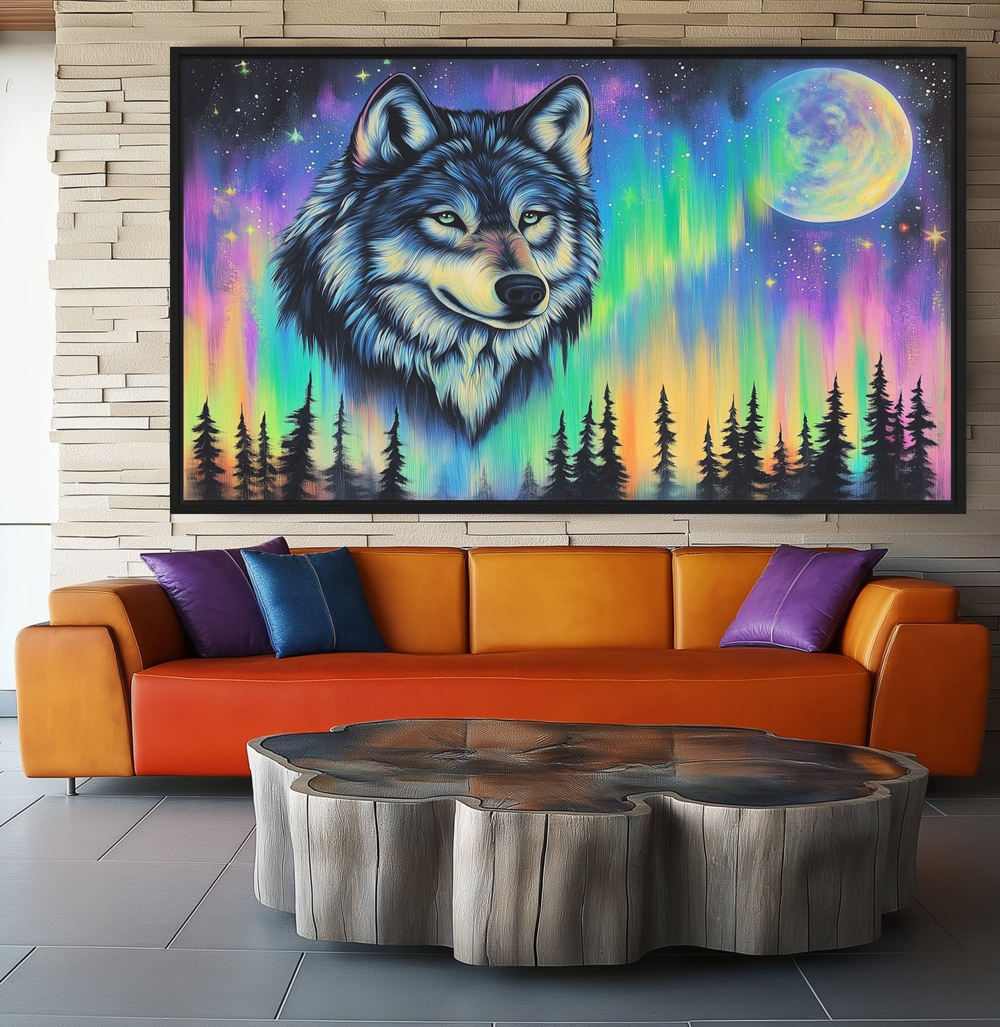 Northern Lights Wolf Wildlife Art Framed Canvas - PaintFu