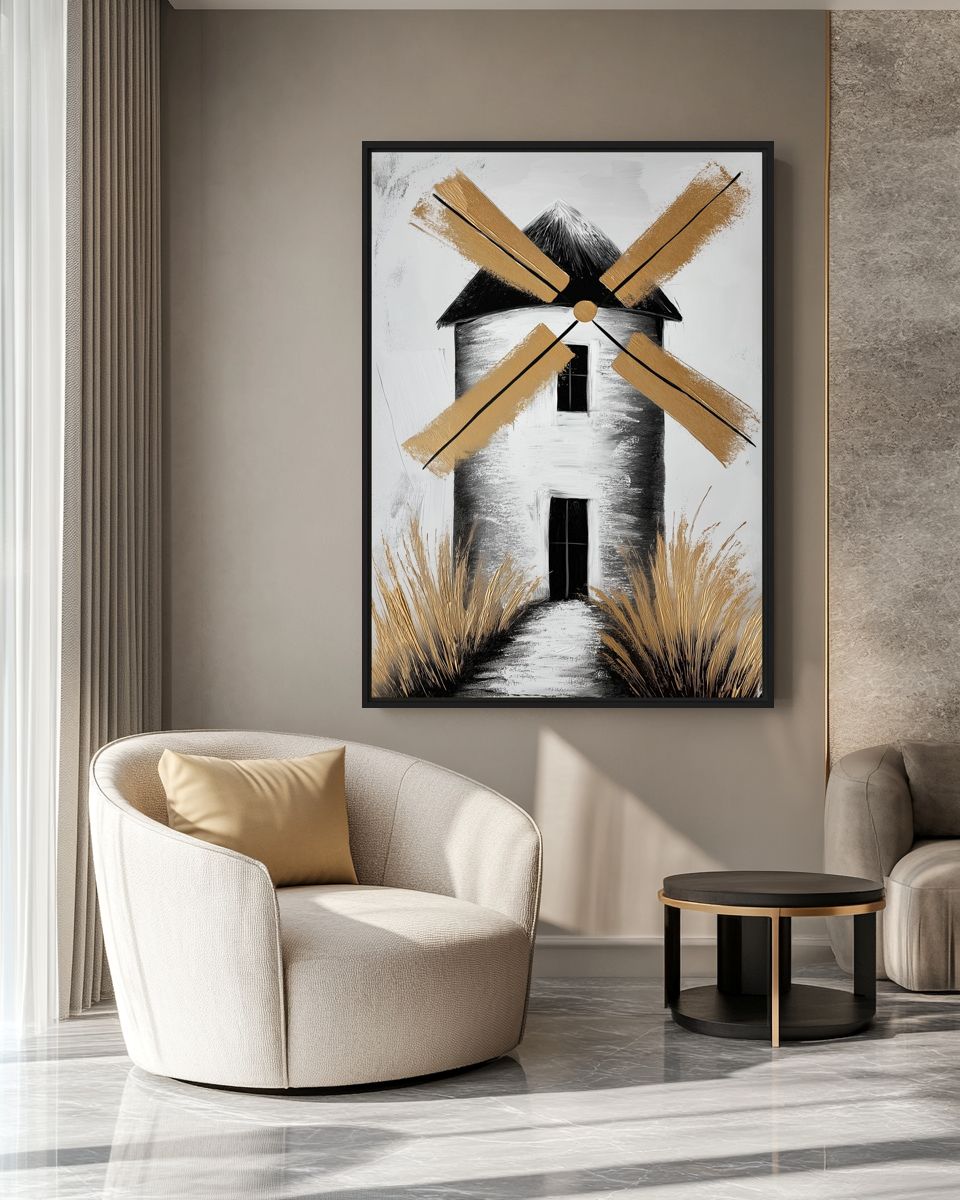 Ochre and black windmill artwork above a cream chair and round side table in a sunlit neutral room