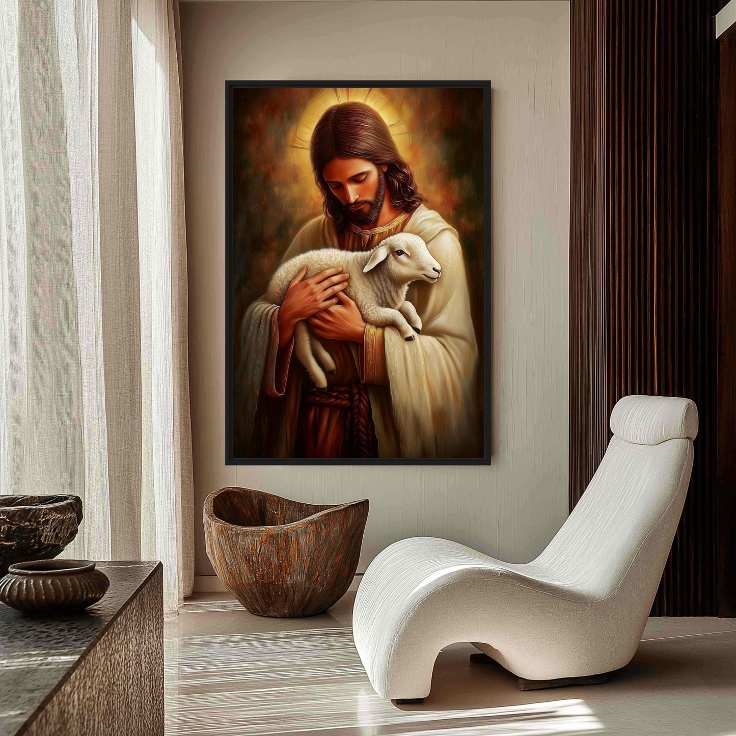 Jesus with Lamb Religious Art Framed Canvas - PaintFu