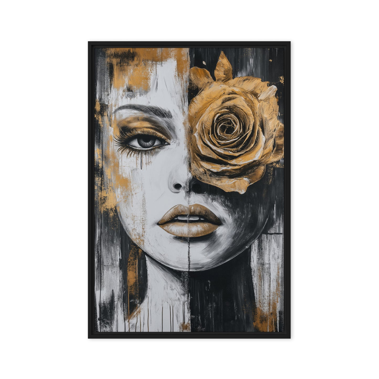 Woman Yellow Rose Flowerhead Framed Canvas