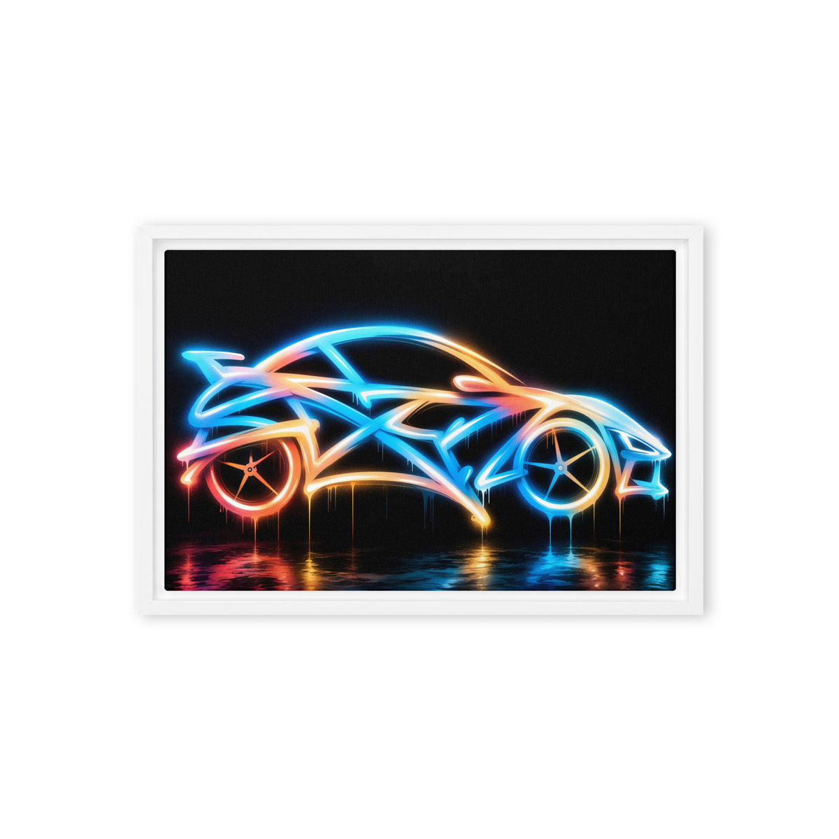 Neon blue sports car with pink and orange graffiti accents on black, shown in a white frame, 12 x 18 inch option