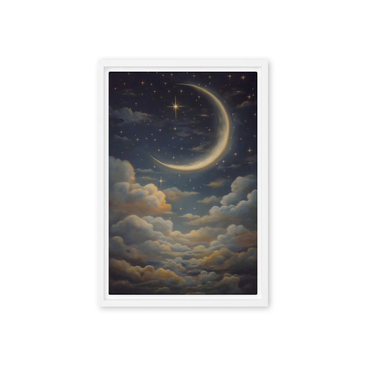 A golden crescent moon and small stars hang above layered clouds in a midnight-blue sky; front view in a white frame, 12 x 18 in canvas
