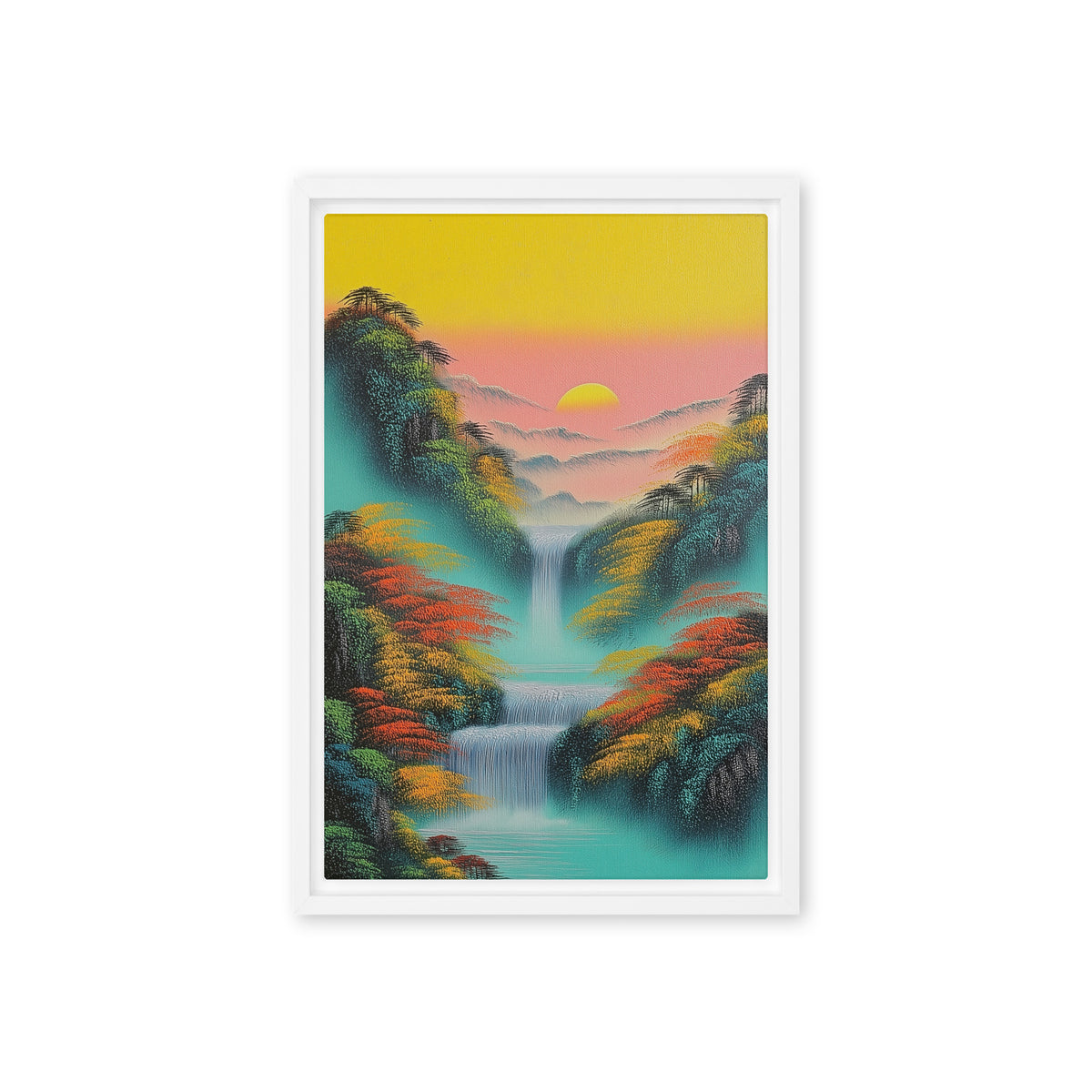 Teal waterfalls between orange-green trees beneath a pink-and-yellow sky and distant sun, white frame, 12″×18″ front view