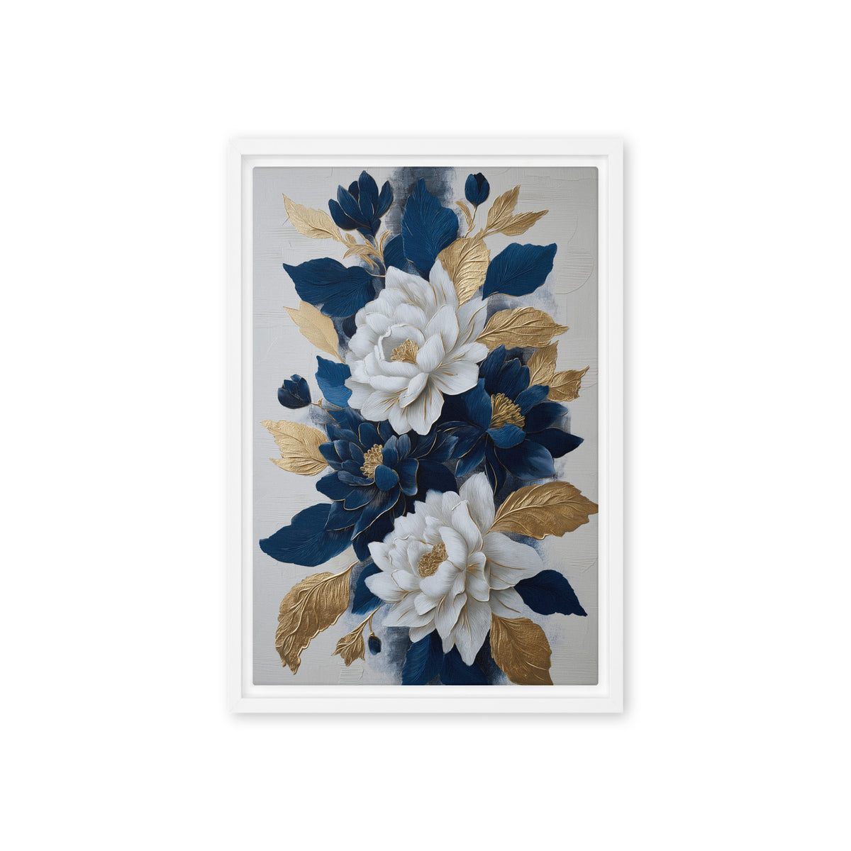 White and navy flowers with gold-toned leaves on a pale background, front view with white frame, 12″×18″ nominal canvas
