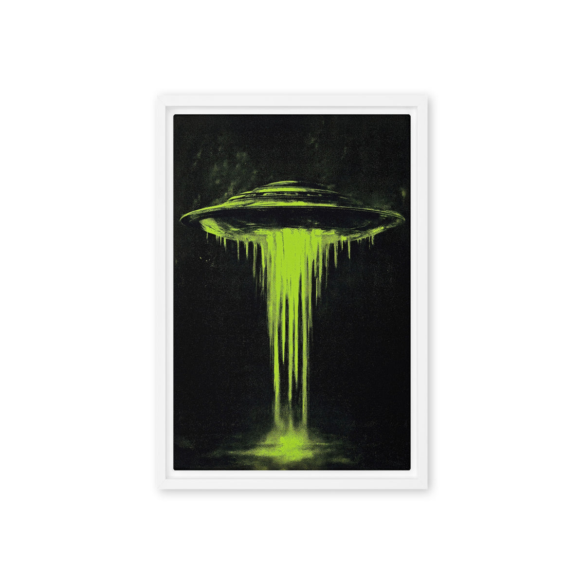 Lime green flying saucer with a dripping beam against black, front view with white frame, 12″×18″ nominal canvas