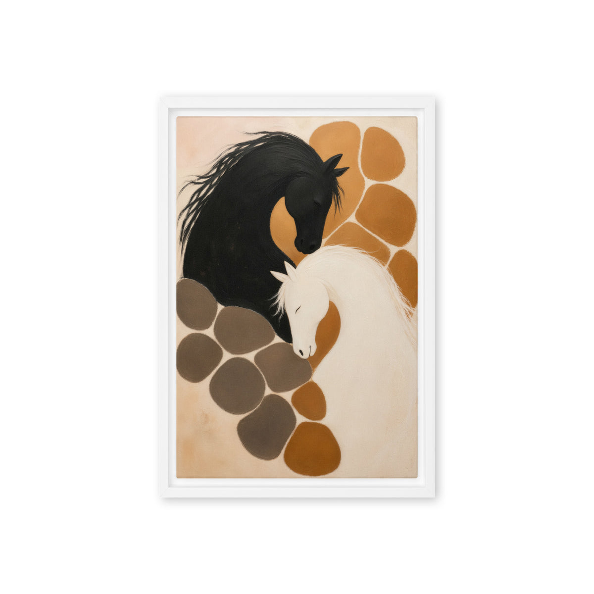 Black and white horses with lowered heads among ochre and taupe shapes on cream, white frame front view, 12 × 18 in nominal width × height