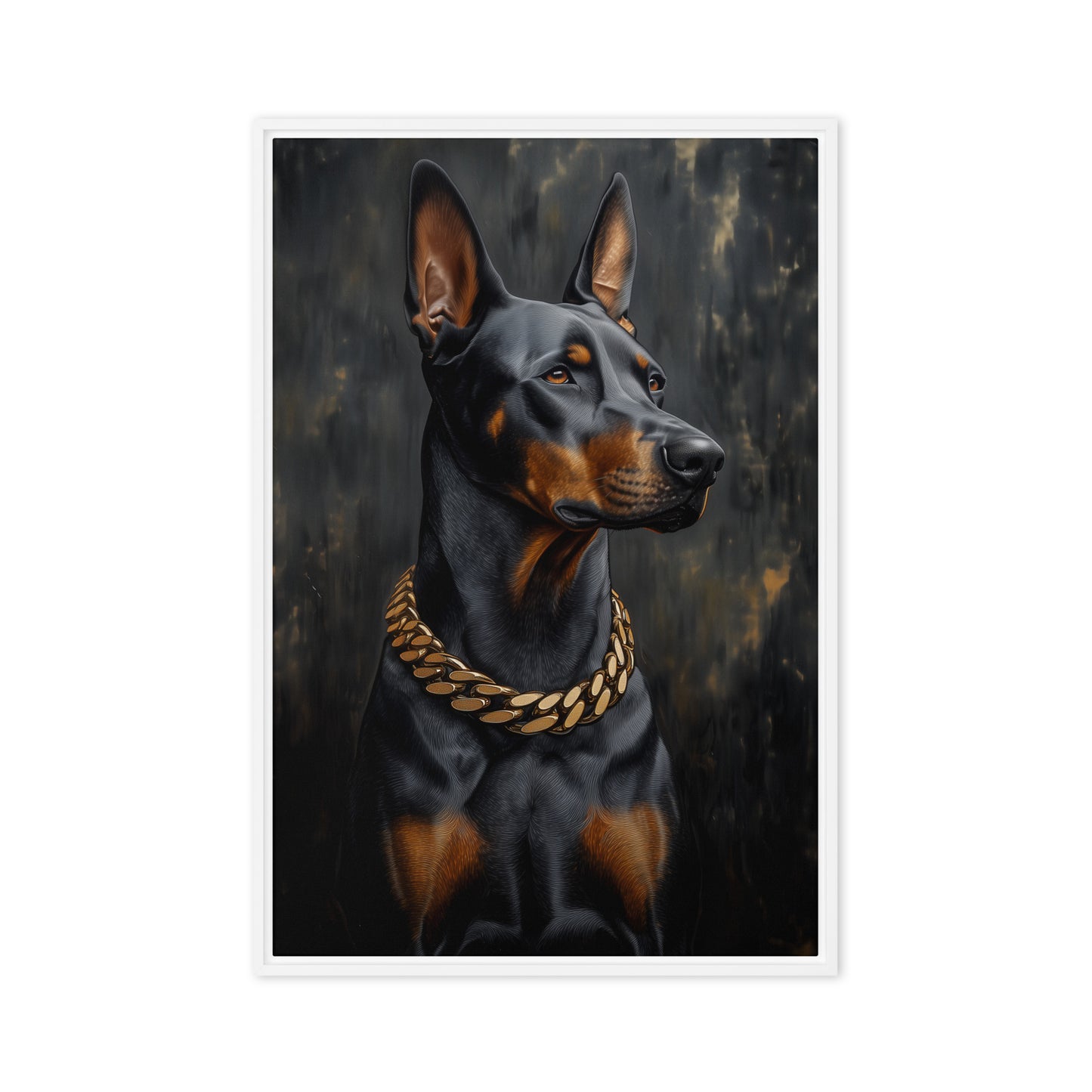 Doberman With Golden Chain Framed Canvas
