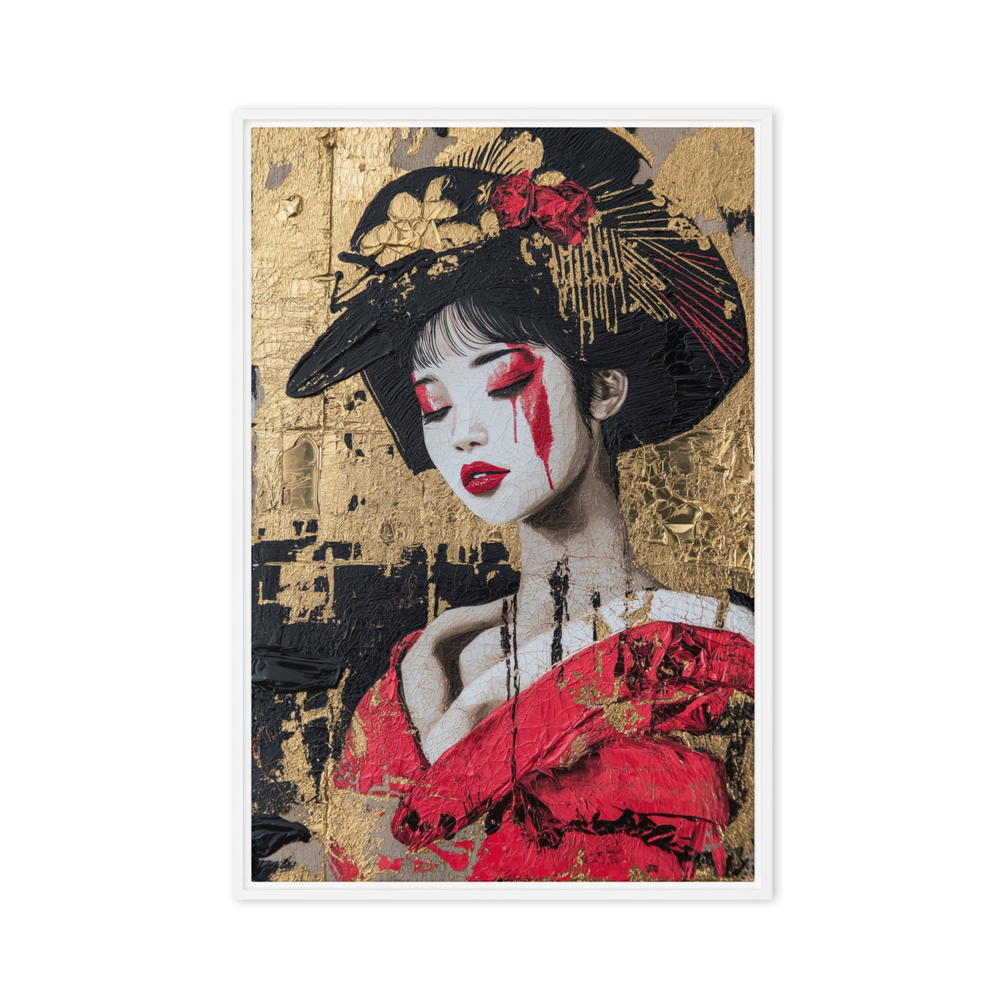 Geisha In Red Kimono Japanese Art Framed Canvas