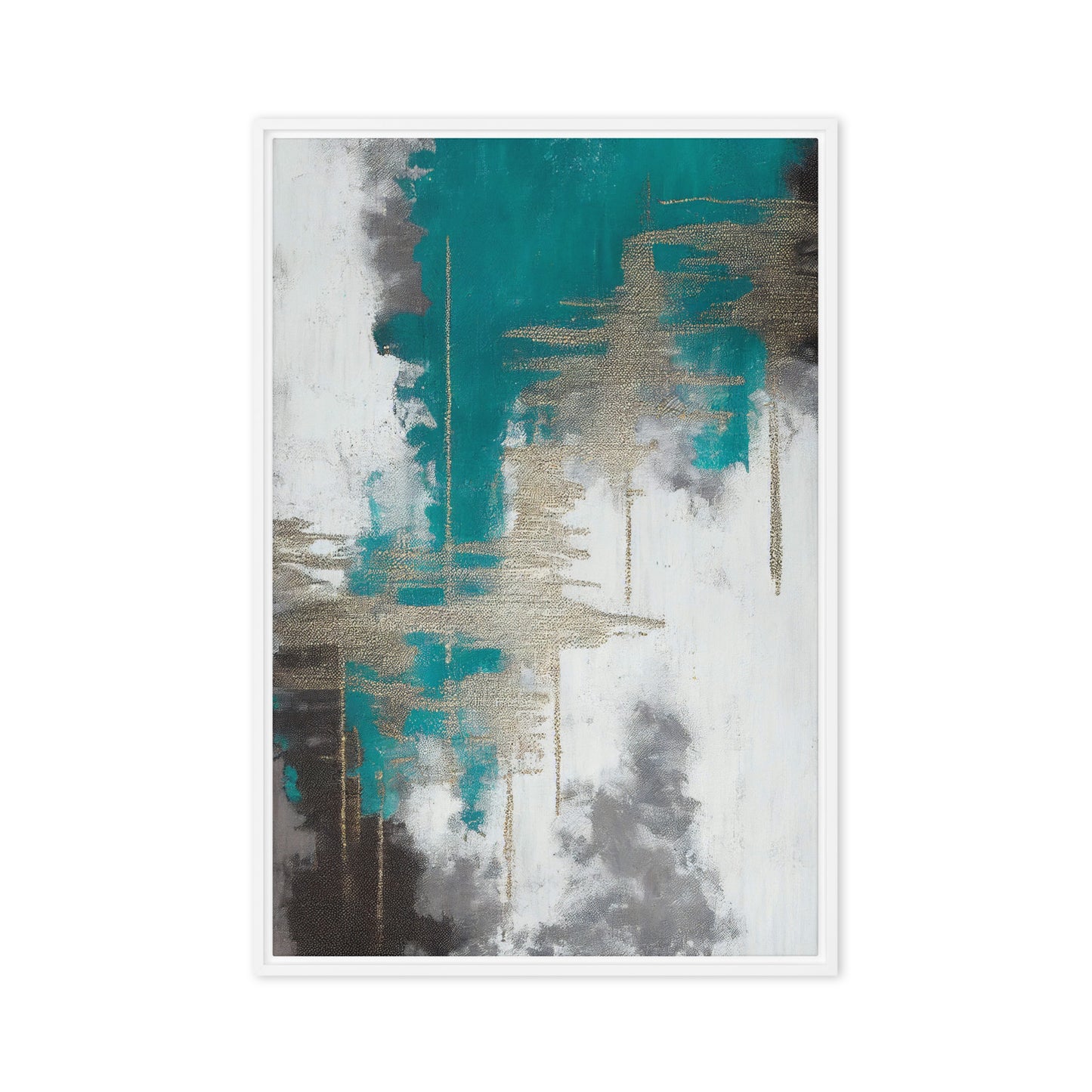 Teal White Grey Silver Modern Art Framed Canvas