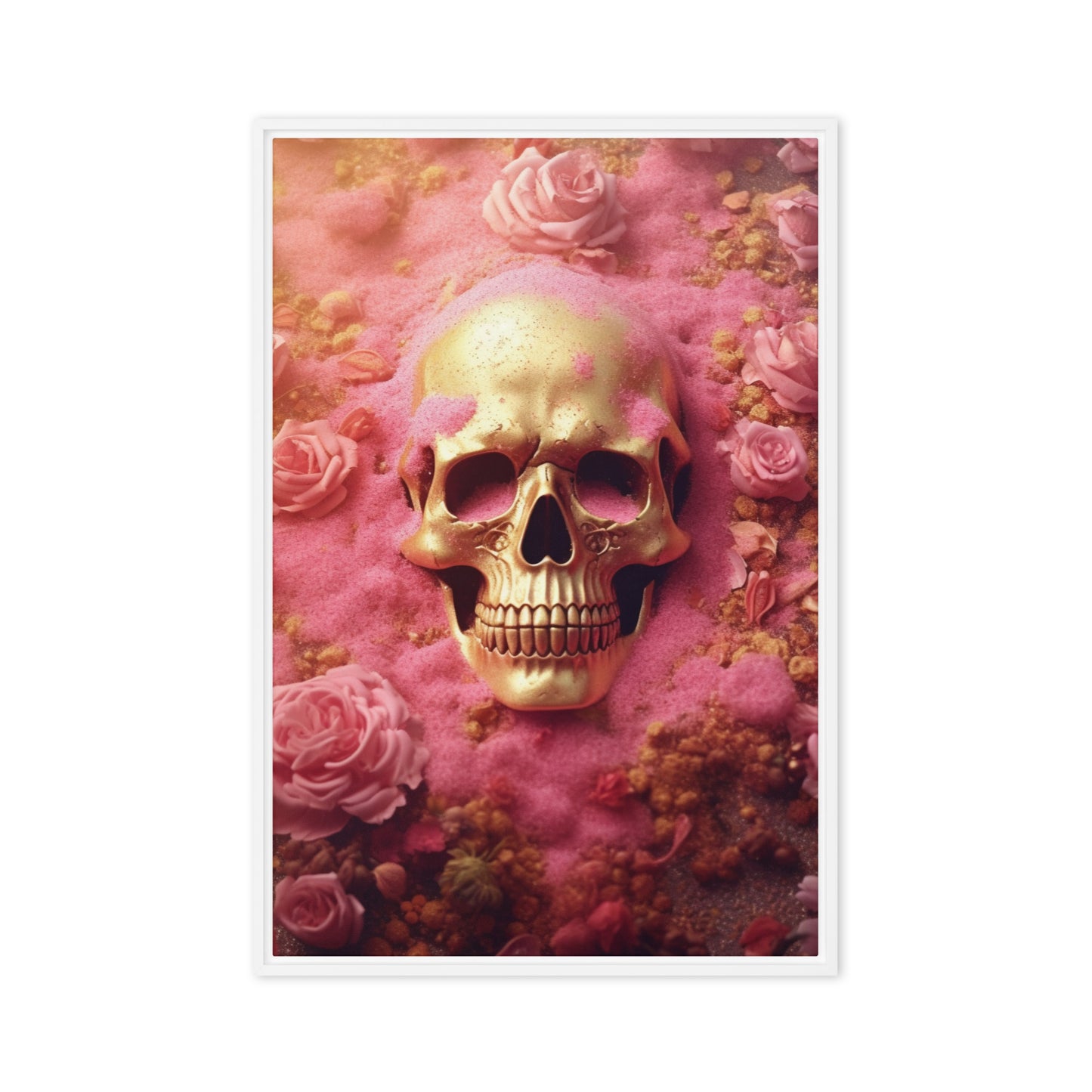 Skull In Pink Flowers Framed Canvas