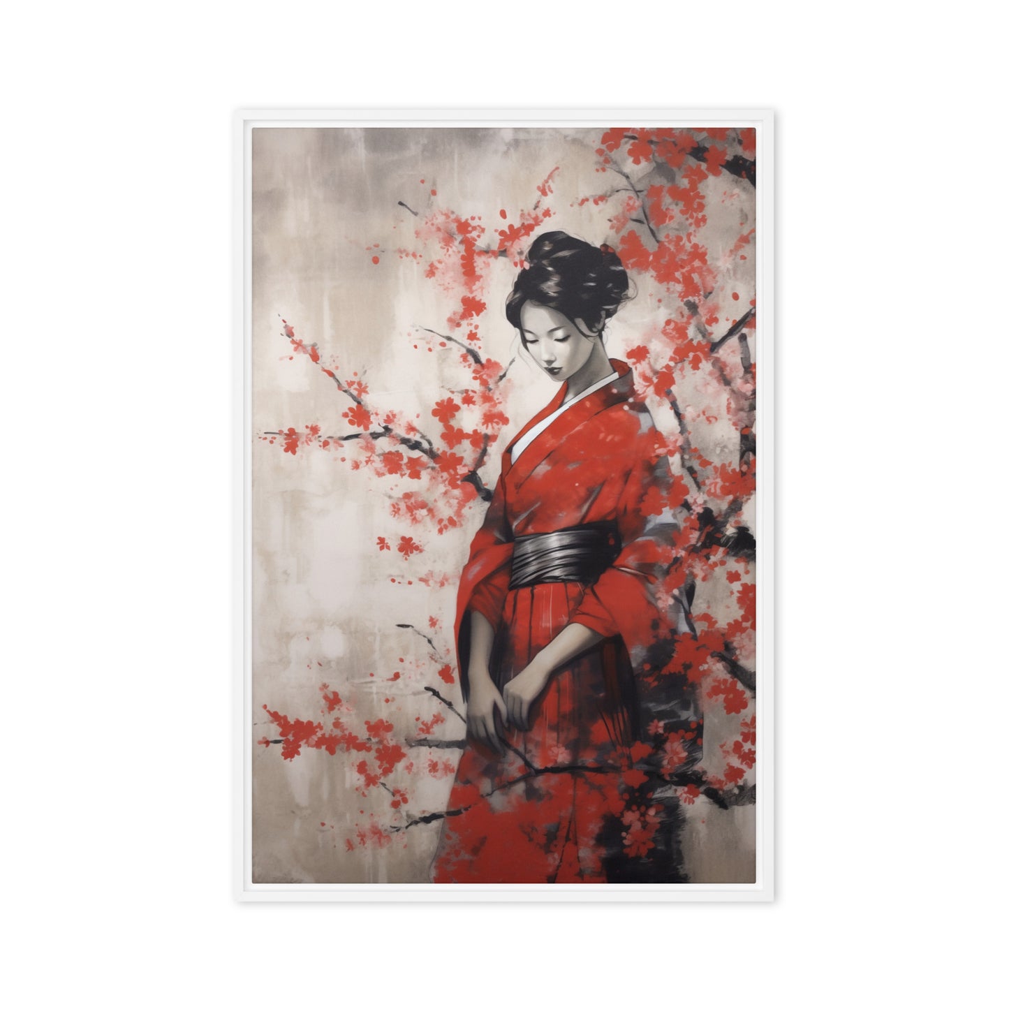 Geisha in Red Kimono Japanese Art Framed Canvas