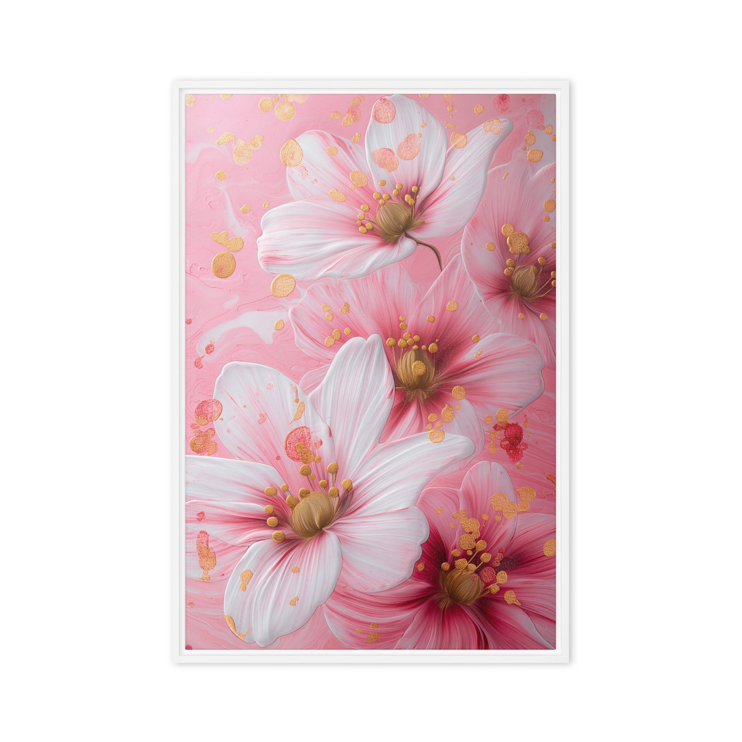 White Pink Flowers Floral Art Framed Canvas