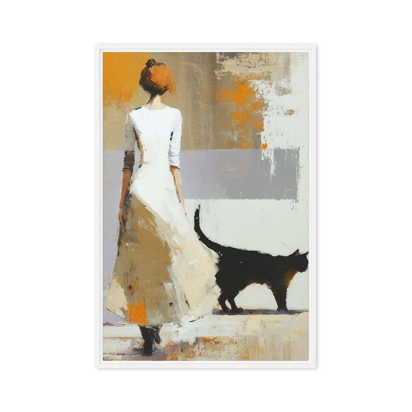 Woman with Black Cat Modern Art Framed Canvas