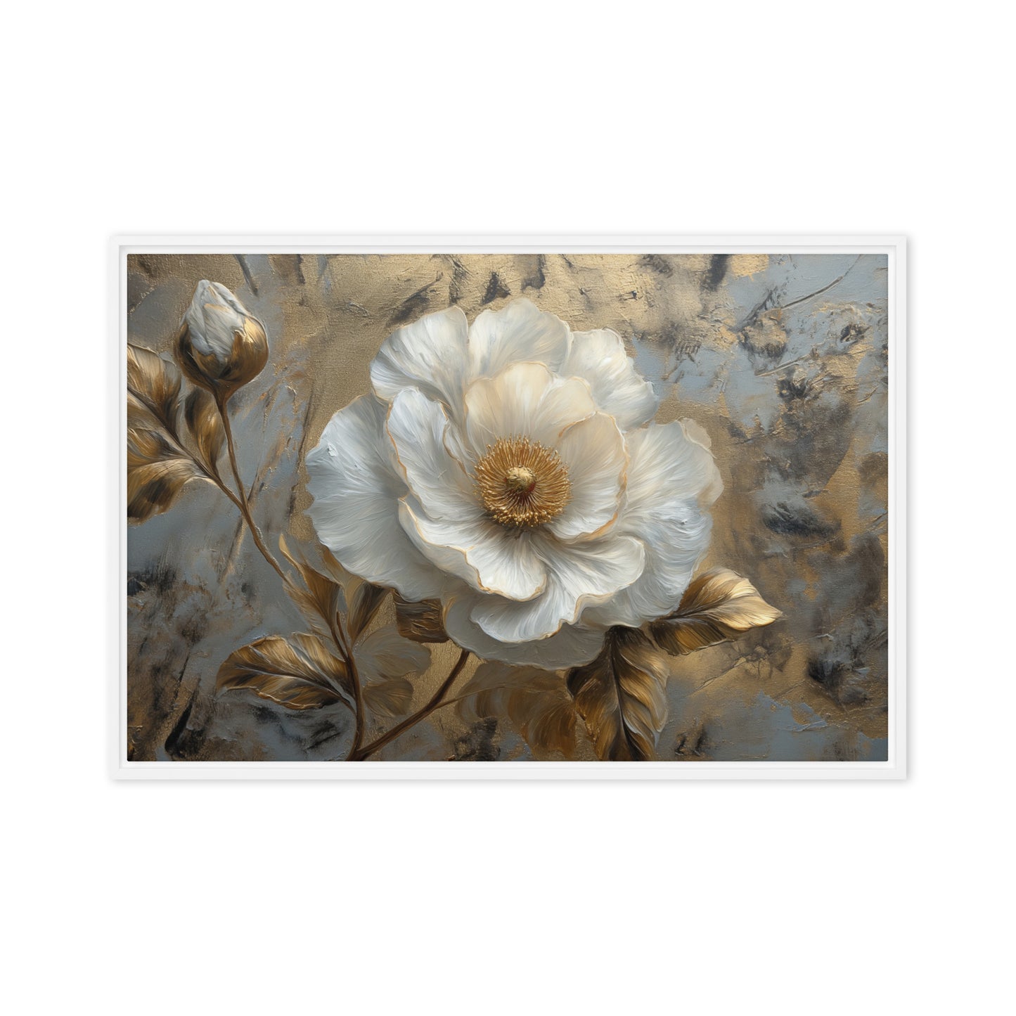 White and Gold Flowers Floral Art Framed Canvas