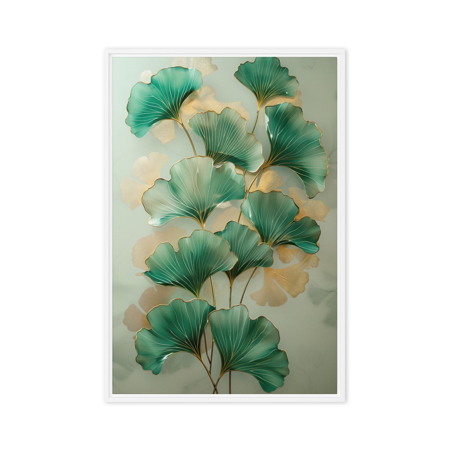 Green Ginkgo Leaves Covered In Gold Framed Canvas