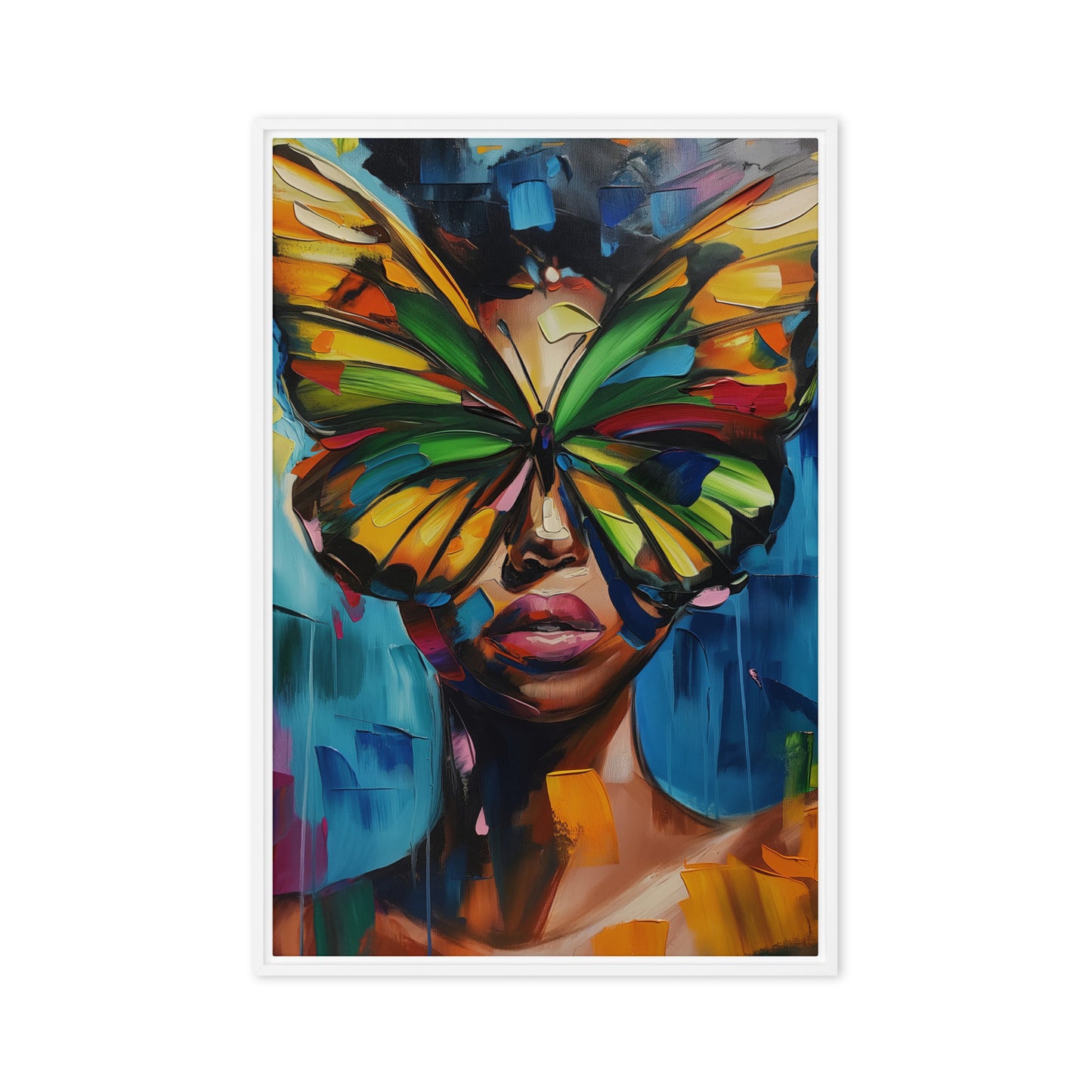 Woman Butterfly Face Framed Canvas