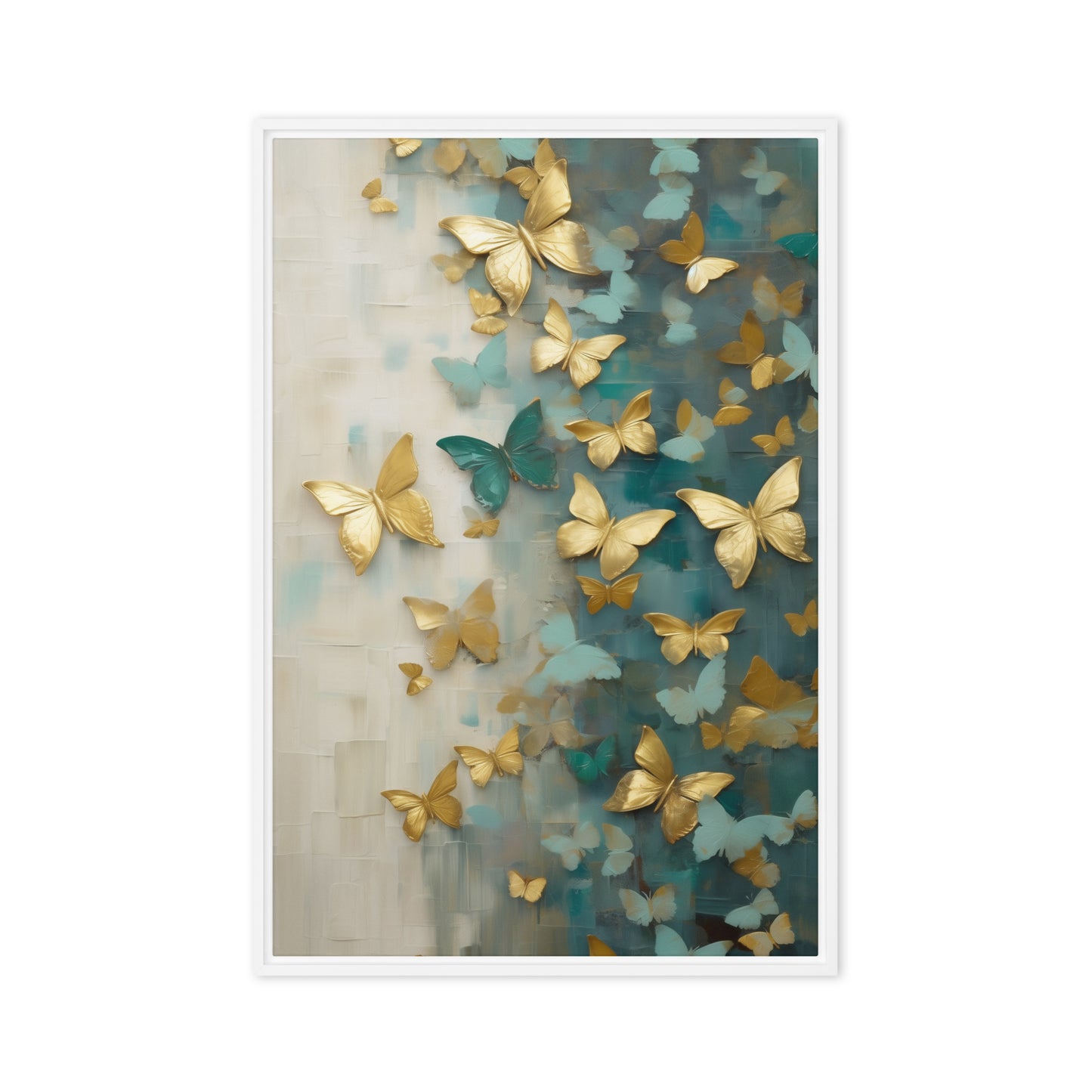 Butterflies Teal Gold Modern Art Framed Canvas