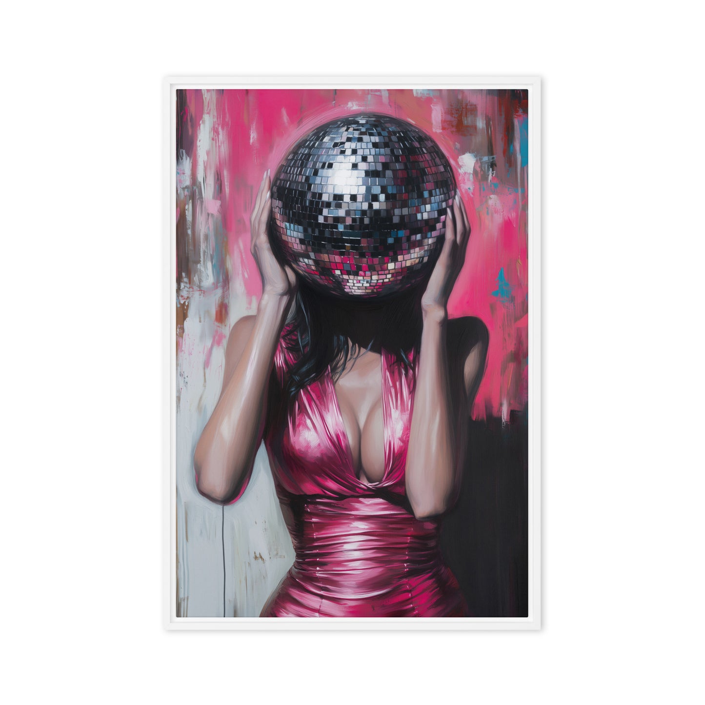Woman Disco Ball Head Framed Canvas