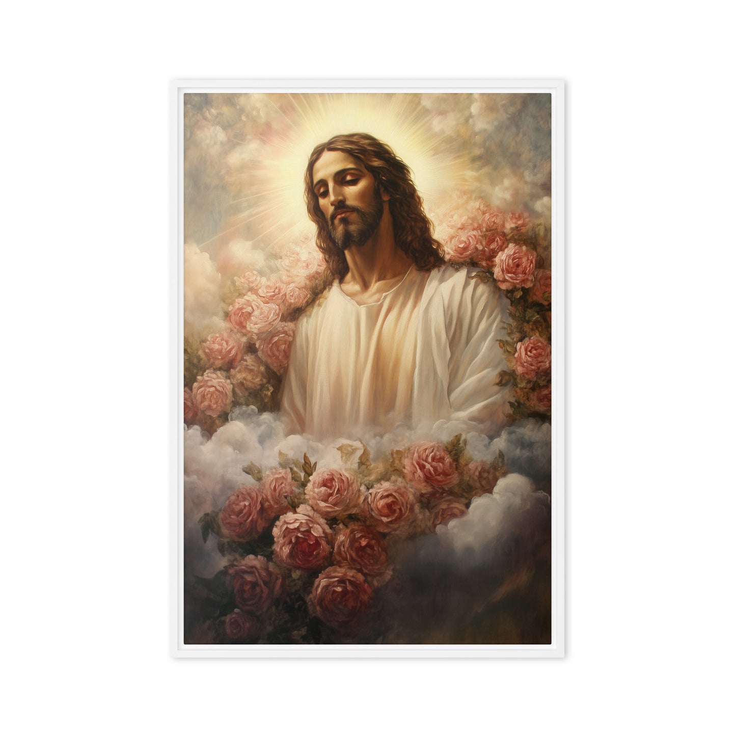 Jesus Christ Among Flowers Religious Art Framed Canvas