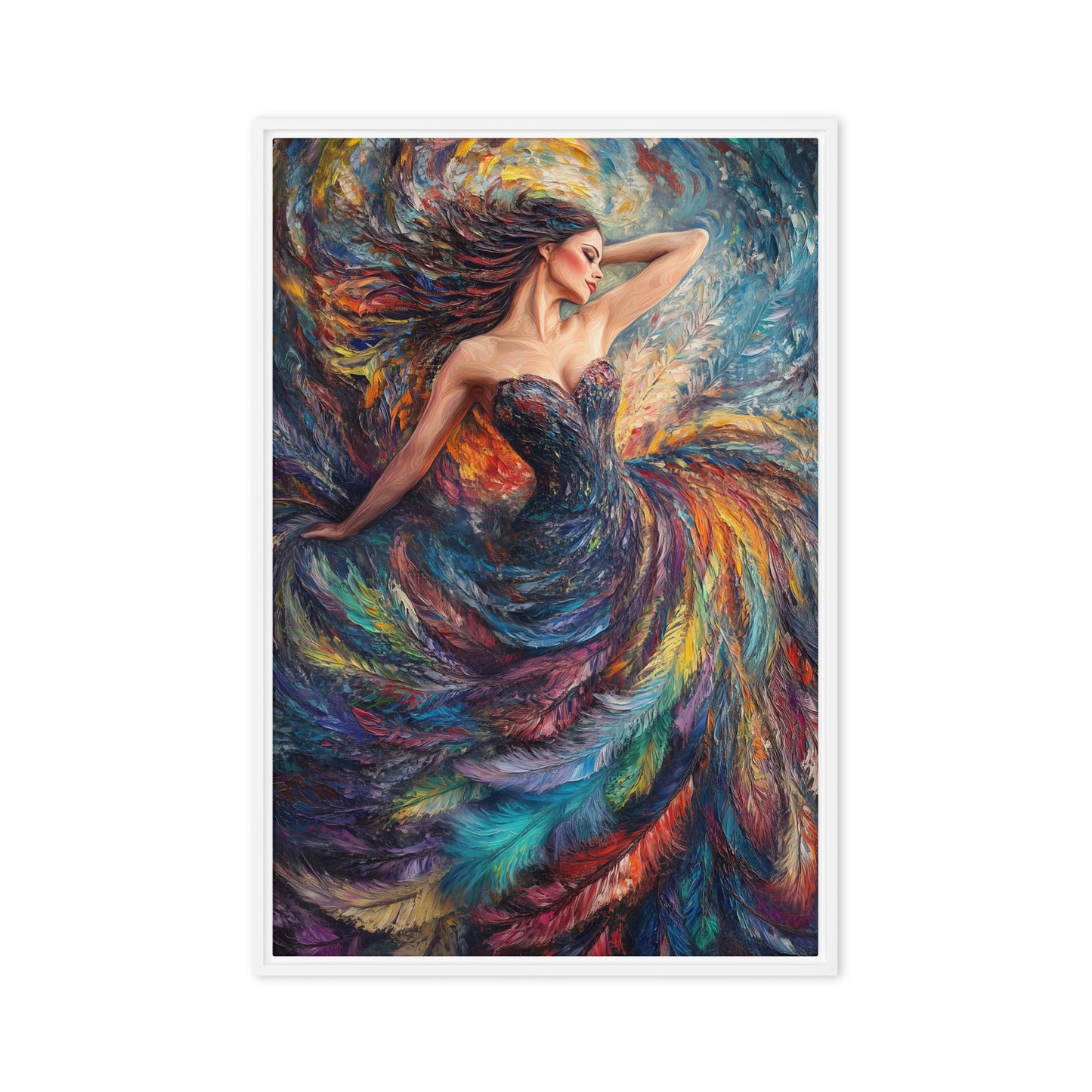 Woman In A Colorful Feather Dress Modern Art Framed Canvas