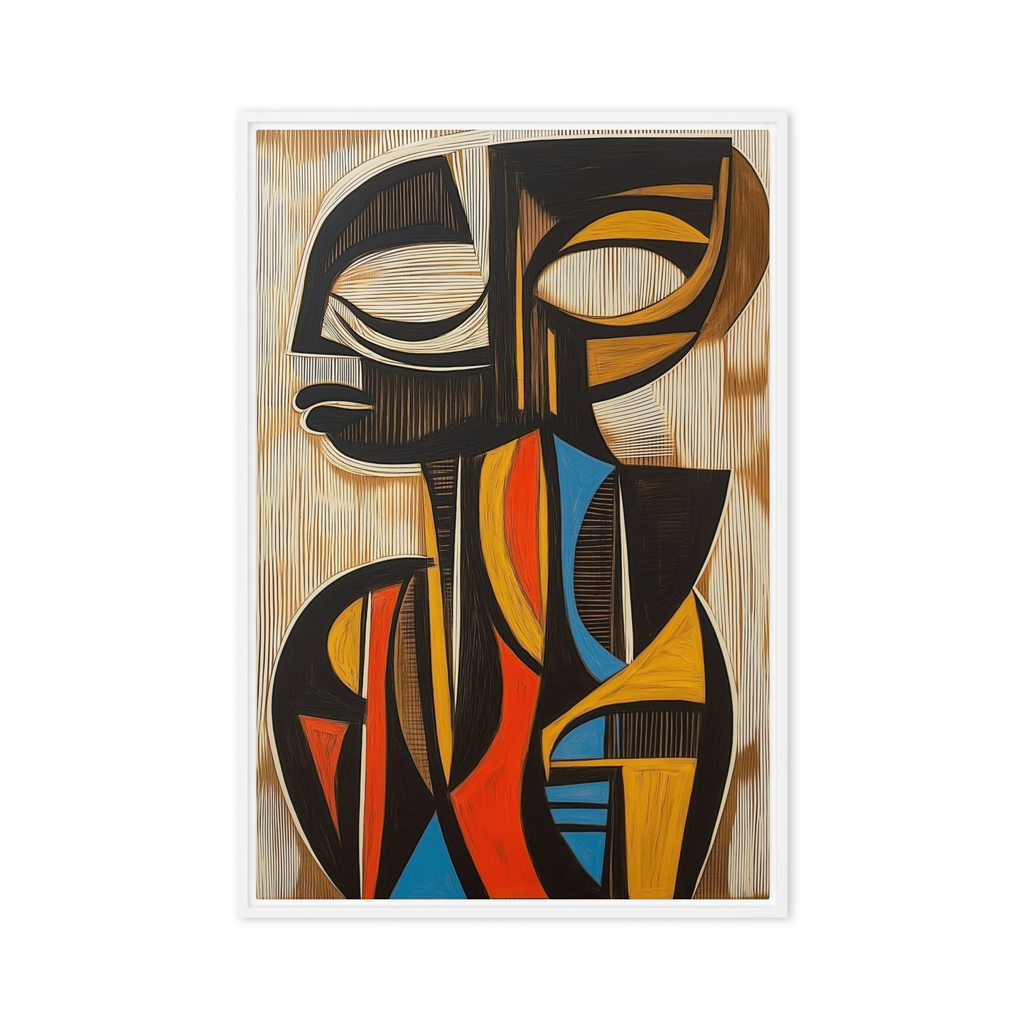 Abstract side-profile figure with black curves and red, gold and blue shapes in a light wood-tone frame