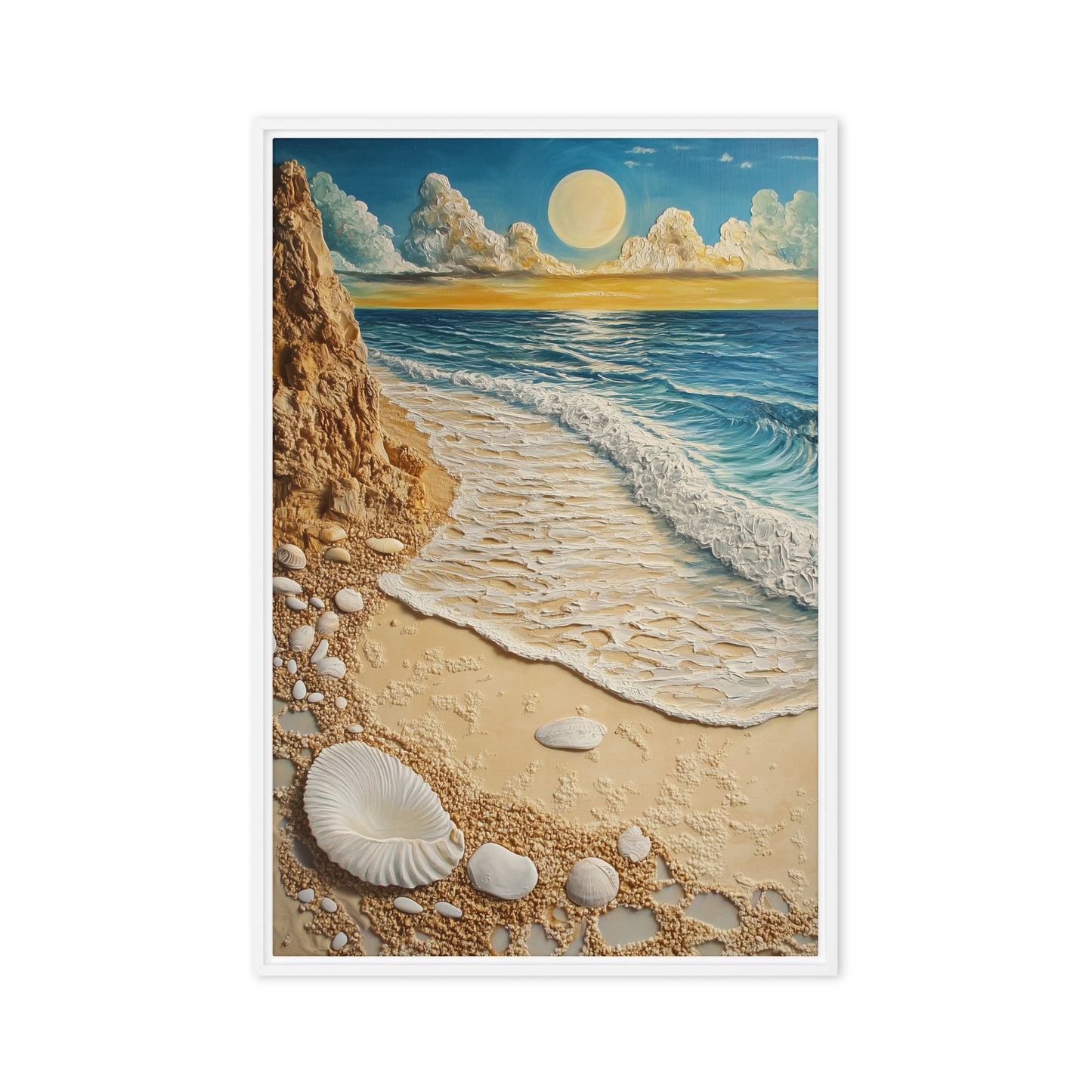 Tall beach scene with a full moon, cloud banks, blue waves, sandy shore and seashells within a narrow white border