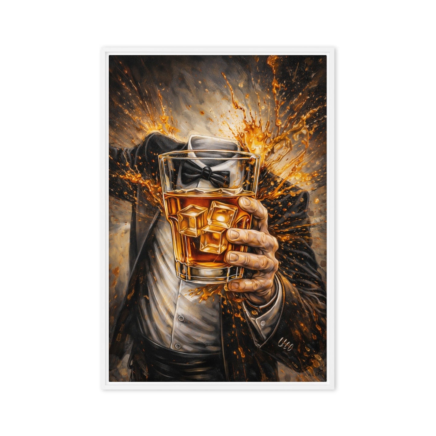 White-framed portrait of a suited figure presenting an amber drink amid orange and charcoal paint bursts