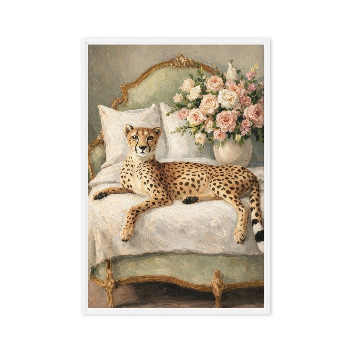 Cheetah lounging on a white bed beneath an ornate headboard, with pink roses gathered at the upper right