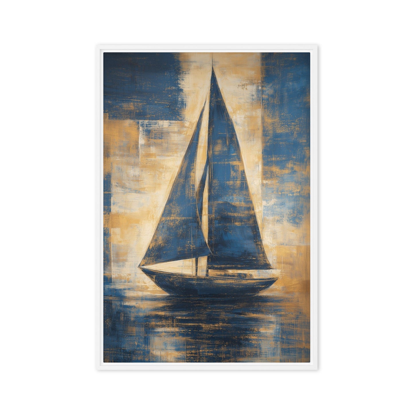 Centered navy and gold sailboat artwork with tall sails, a dark hull and rippling water below