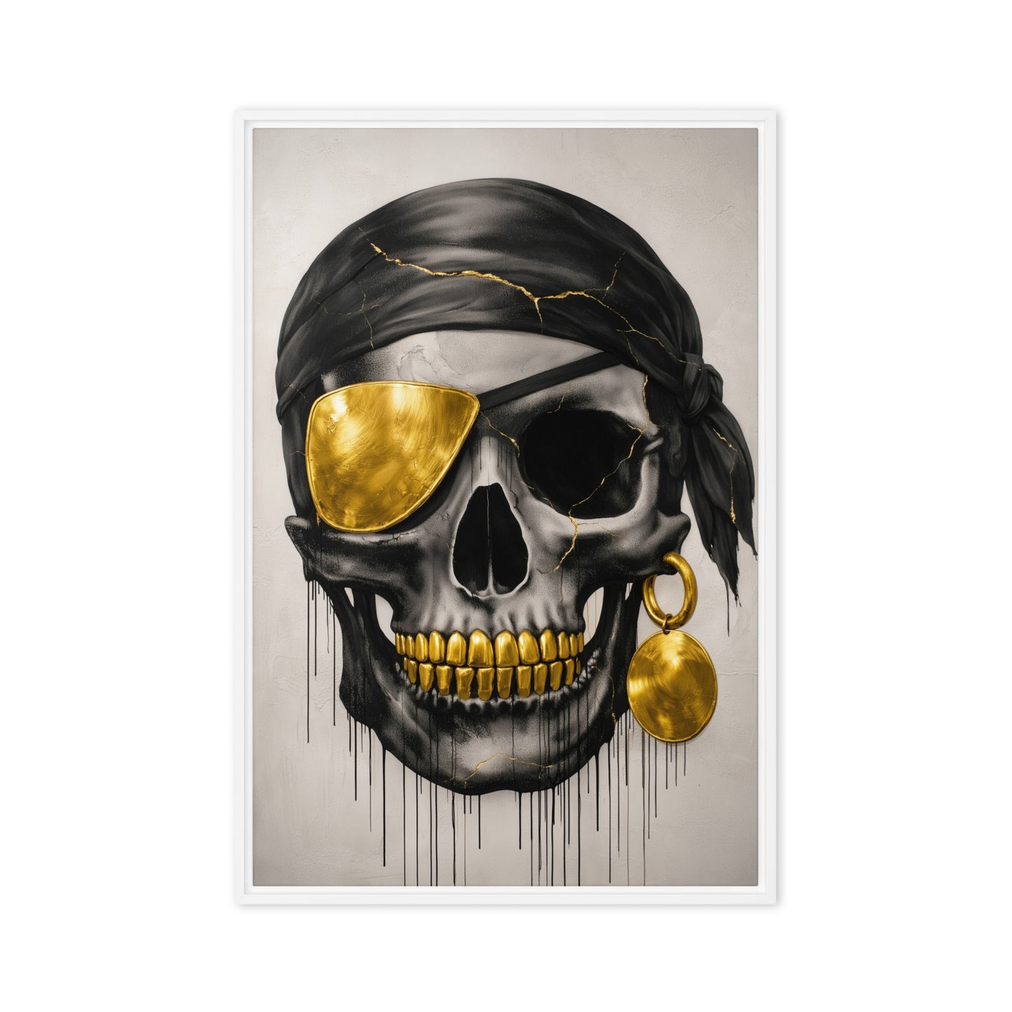 Centered pirate skull with black headscarf, gold eye patch, gold teeth and earring within a white border