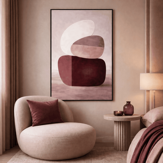 Burgundy minimalist Digital Print styled above a bed - PaintFu