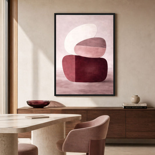 Burgundy and blush abstract Framed Canvas above a walnut-coloured sideboard