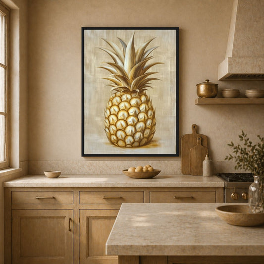 Golden pineapple Framed Canvas above a pale kitchen counter and wood cabinets - PaintFu