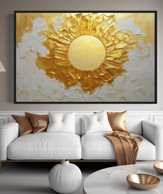 Gold and white sun artwork above a bright sofa | PaintFu