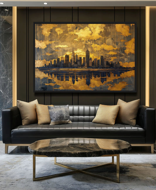 Stunning New York Cityscape Framed Canvas styled in a room | PaintFu