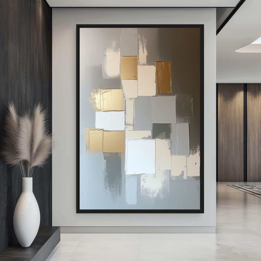 Gold beige and grey geometric Framed Canvas in a modern interior | PaintFu